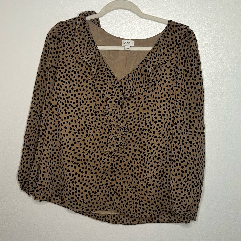 Jcrew brown and black polka dot ruffle detail long sleeve top